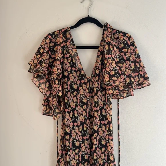 NEW Free People Elisandra Midi Dress Floral Black Pink Yellow Bell Sleeves Small - Picture 5 of 6